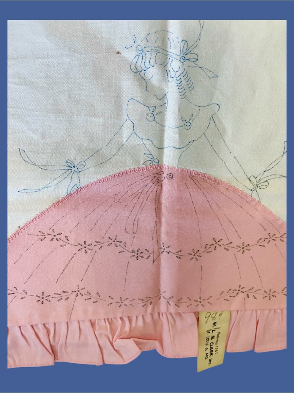 1951 stamped dresser scarf white with pink ruffles ready to embroider sewing